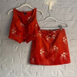 Nasty Gal Starburst Embellished Vest & Mini Skirt Set - Orange Red - Size 8
